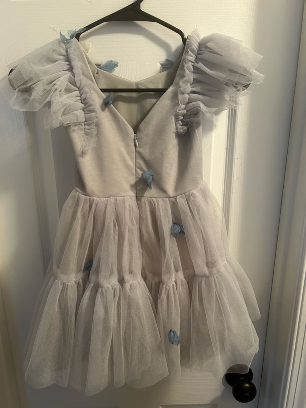 Joyfolie Light Gray Tulle Party Dress with Blue Floral Appliques